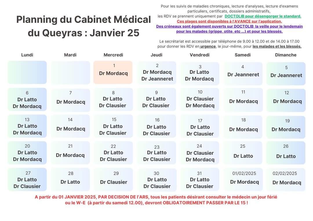 Planning medecins janvier 2025